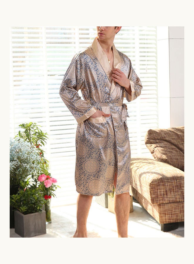 Printed Long Sleeves Robe And Shorts Set Beige/Grey