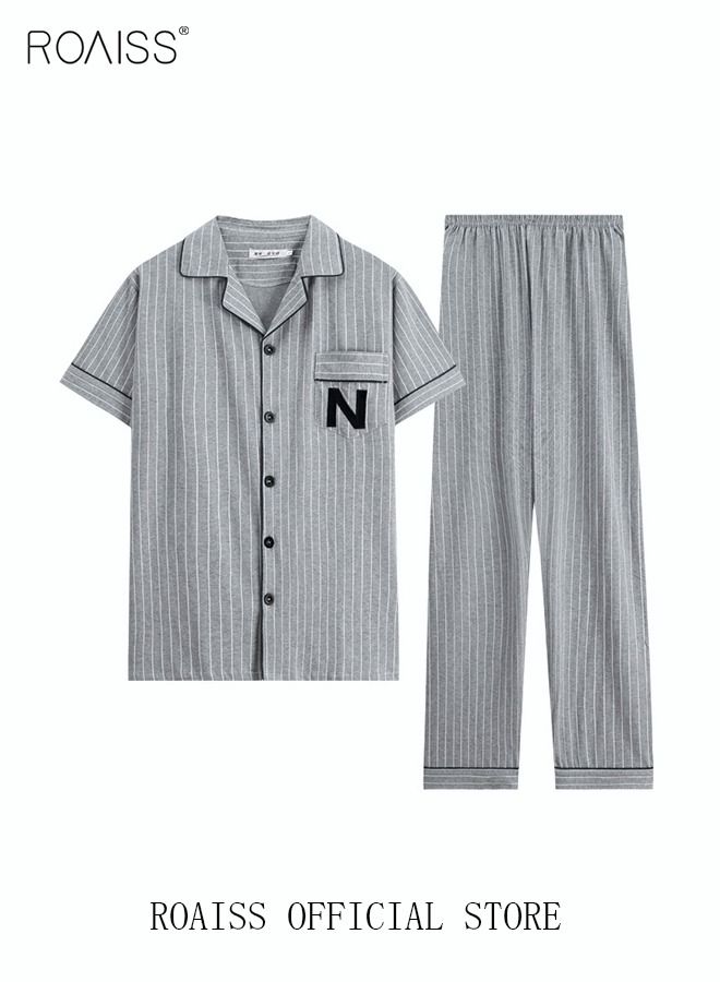 2-Piece Pajama Set Men's Cotton Short-Sleeved T-Shirt Long Pants Sets Pattern Sleepwear Nightgown Male Loose Spring Summer Thin Loungewear Home Clothes Grey