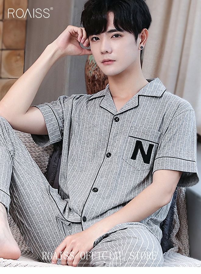 2-Piece Pajama Set Men's Cotton Short-Sleeved T-Shirt Long Pants Sets Pattern Sleepwear Nightgown Male Loose Spring Summer Thin Loungewear Home Clothes Grey