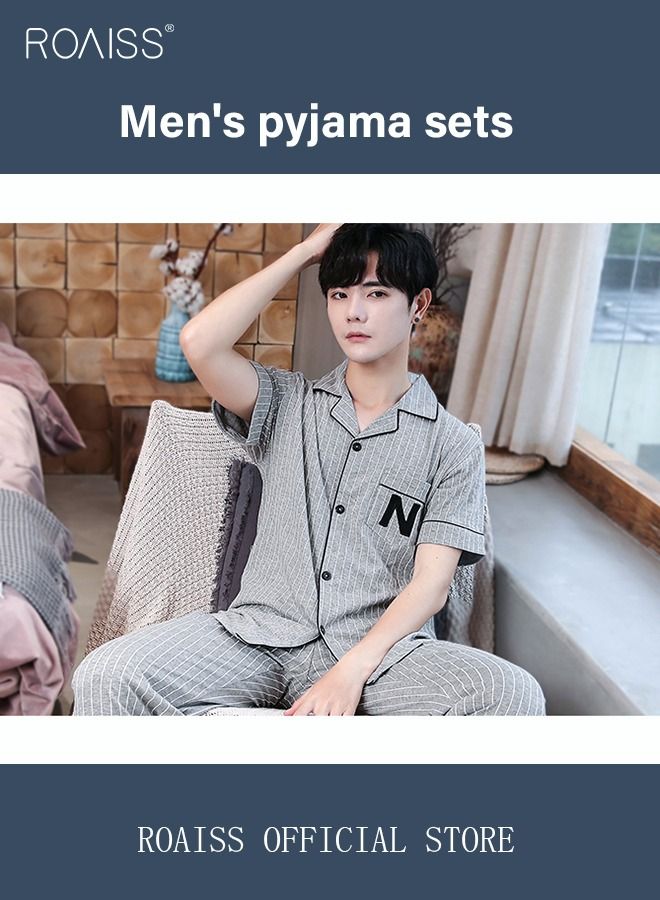 2-Piece Pajama Set Men's Cotton Short-Sleeved T-Shirt Long Pants Sets Pattern Sleepwear Nightgown Male Loose Spring Summer Thin Loungewear Home Clothes Grey