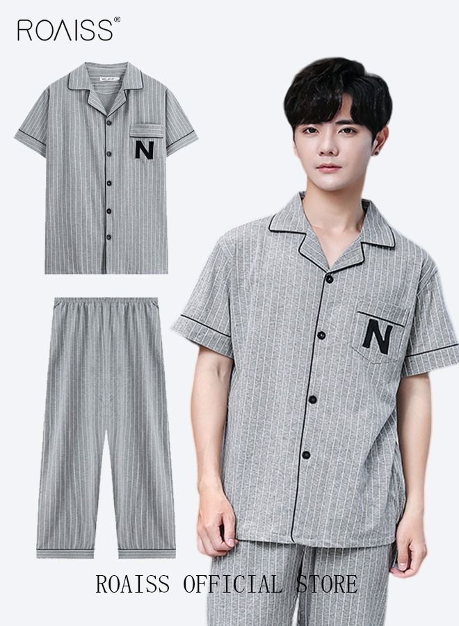 2-Piece Pajama Set Men's Cotton Short-Sleeved T-Shirt Long Pants Sets Pattern Sleepwear Nightgown Male Loose Spring Summer Thin Loungewear Home Clothes Grey