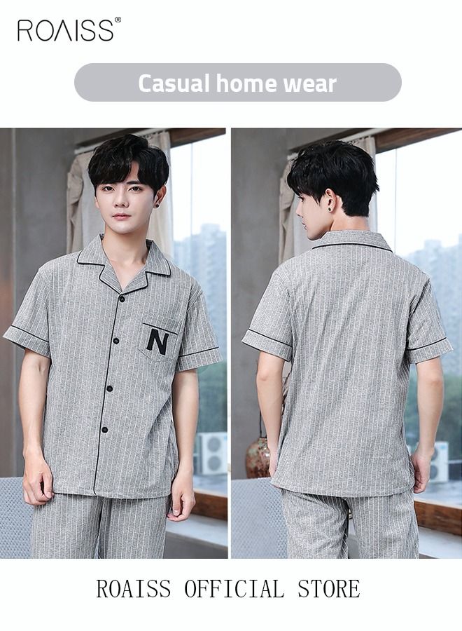 2-Piece Pajama Set Men's Cotton Short-Sleeved T-Shirt Long Pants Sets Pattern Sleepwear Nightgown Male Loose Spring Summer Thin Loungewear Home Clothes Grey