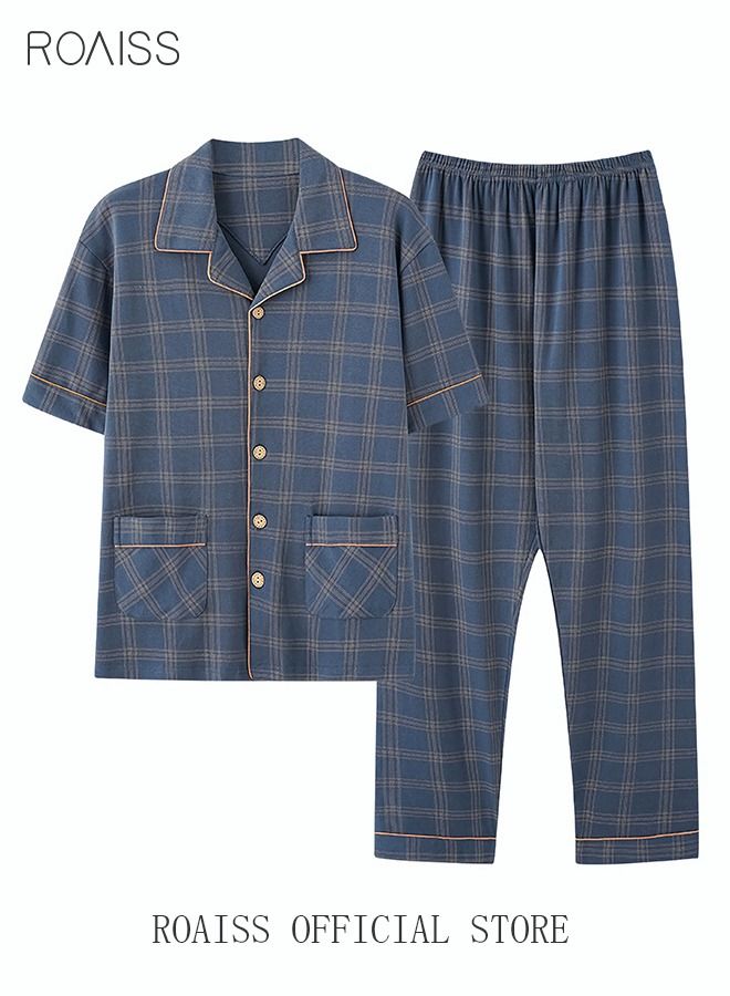2-Piece Pajama Set Men's Cotton Short-Sleeved T-Shirt Long Pants Sets Grid Pattern Sleepwear Nightgown Male Loose Spring Summer Thin Loungewear Home Clothes Blue