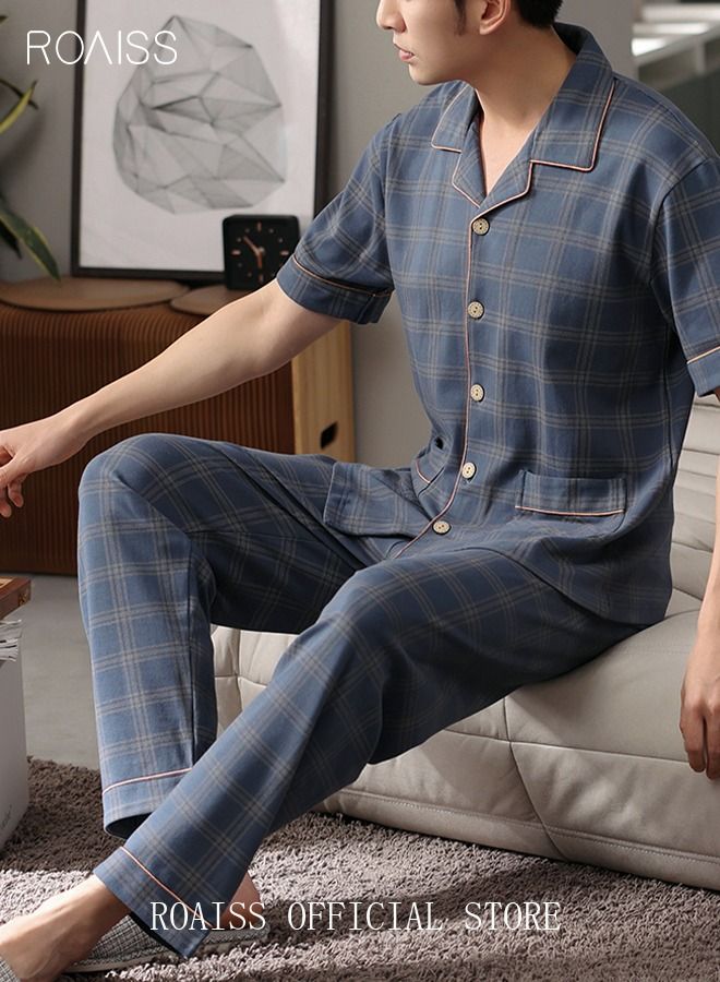 2-Piece Pajama Set Men's Cotton Short-Sleeved T-Shirt Long Pants Sets Grid Pattern Sleepwear Nightgown Male Loose Spring Summer Thin Loungewear Home Clothes Blue