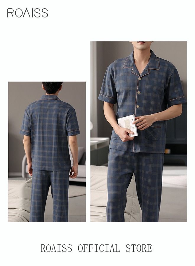 2-Piece Pajama Set Men's Cotton Short-Sleeved T-Shirt Long Pants Sets Grid Pattern Sleepwear Nightgown Male Loose Spring Summer Thin Loungewear Home Clothes Blue