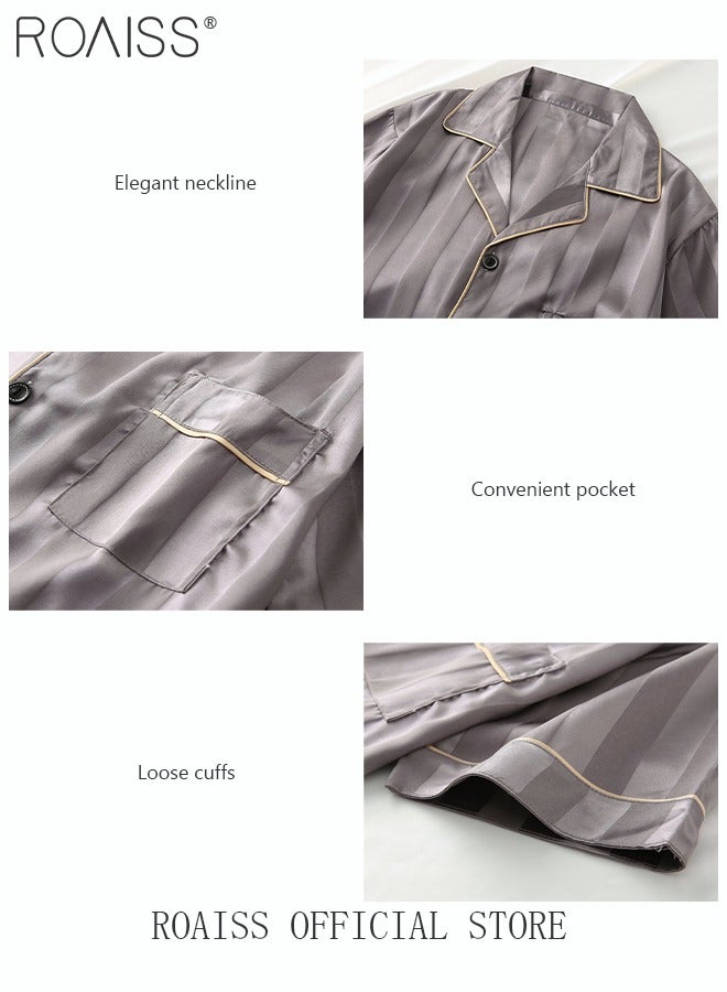 3-Piece Set Men's Short Sleeves Pajamas Pants Trousers Sleepwear Sets Satin Grid Printing Silk Nightgown Male Loose Shirts Spring Summer Loungewear Home Clothes