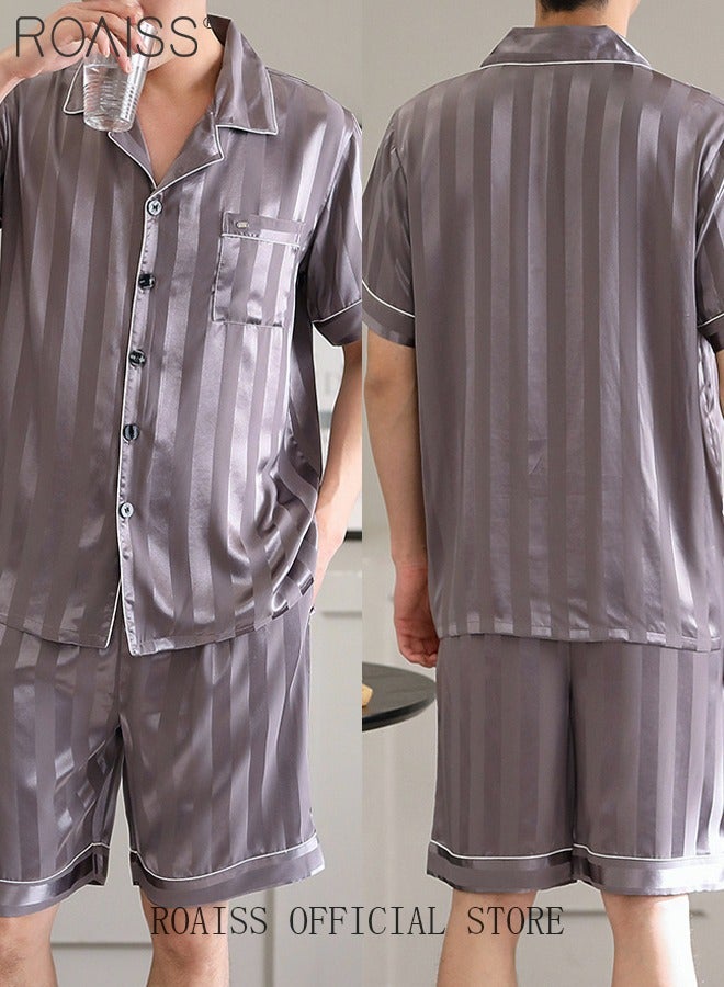 3-Piece Set Men's Short Sleeves Pajamas Pants Trousers Sleepwear Sets Satin Grid Printing Silk Nightgown Male Loose Shirts Spring Summer Loungewear Home Clothes