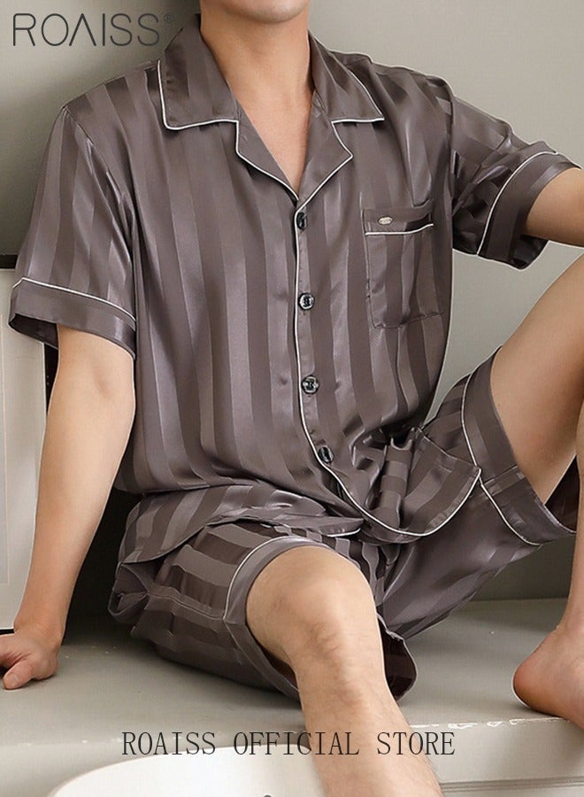 3-Piece Set Men's Short Sleeves Pajamas Pants Trousers Sleepwear Sets Satin Grid Printing Silk Nightgown Male Loose Shirts Spring Summer Loungewear Home Clothes