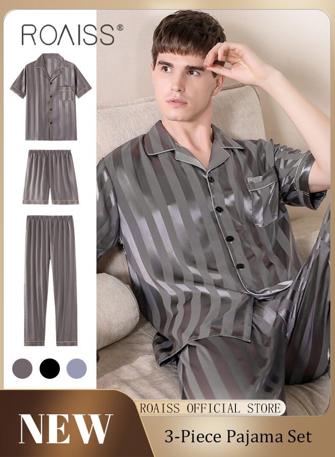 3-Piece Set Men's Short Sleeves Pajamas Pants Trousers Sleepwear Sets Satin Grid Printing Silk Nightgown Male Loose Shirts Spring Summer Loungewear Home Clothes