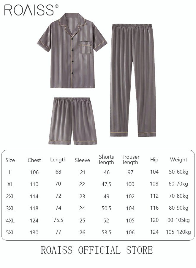 3-Piece Set Men's Short Sleeves Pajamas Pants Trousers Sleepwear Sets Satin Grid Printing Silk Nightgown Male Loose Shirts Spring Summer Loungewear Home Clothes