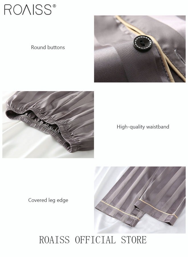 3-Piece Set Men's Short Sleeves Pajamas Pants Trousers Sleepwear Sets Satin Grid Printing Silk Nightgown Male Loose Shirts Spring Summer Loungewear Home Clothes