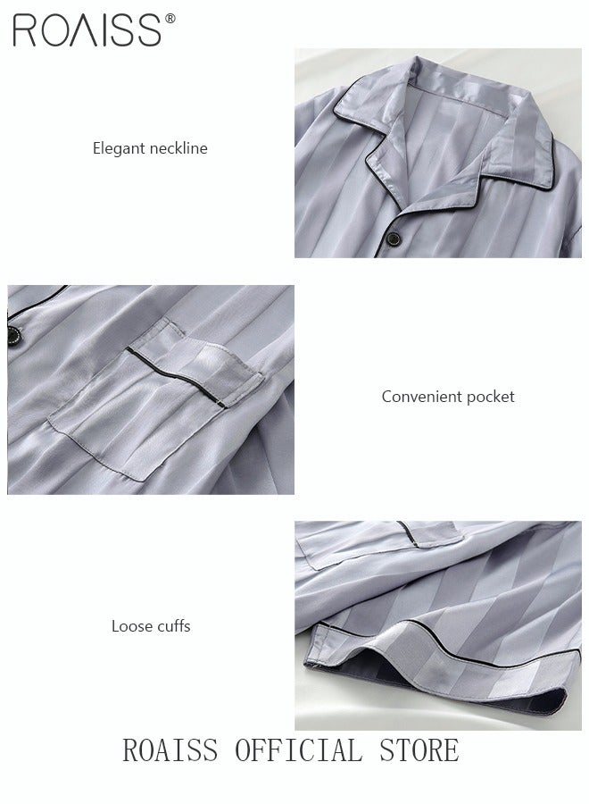 3-Piece Set Men's Short Sleeves Pajamas Pants Trousers Sleepwear Sets Satin Grid Printing Silk Nightgown Male Loose Shirts Spring Summer Loungewear Home Clothes