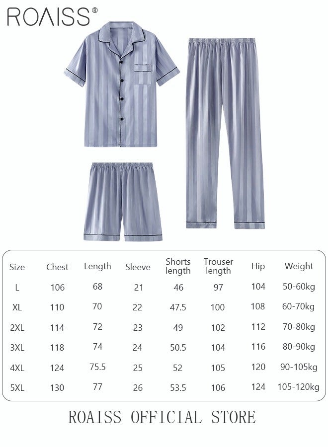 3-Piece Set Men's Short Sleeves Pajamas Pants Trousers Sleepwear Sets Satin Grid Printing Silk Nightgown Male Loose Shirts Spring Summer Loungewear Home Clothes