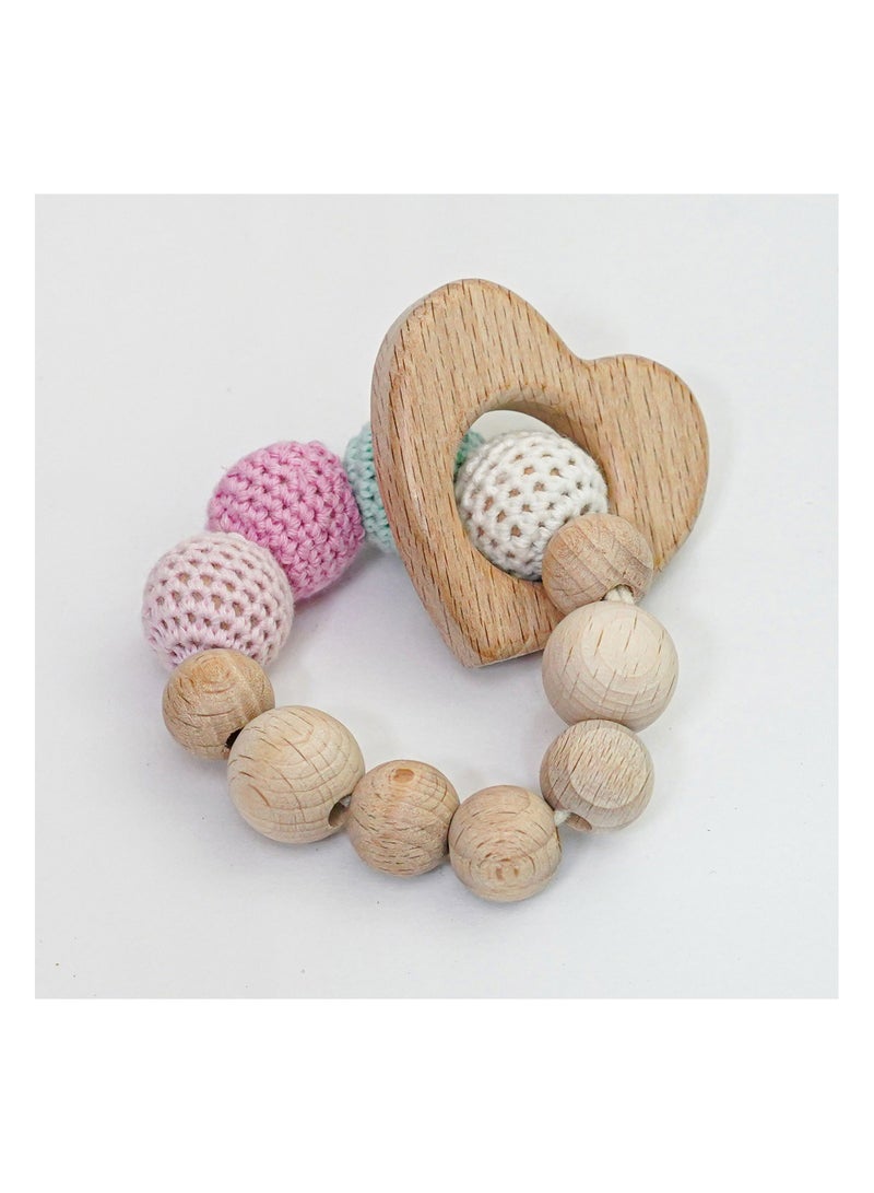 Snuggle And Play Handmade Crochet Teether With Wooden Heart Bracelet