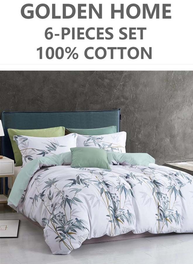 6-Piece Printed Combination King Size Duvet Cover Set  Includes 1xFitted Bedsheet 200x200+30cm, 1xDuvet Cover 220x240 cm, 2xPillowcase 55x80cm, 2xCushion Case 45x70cm Cotton