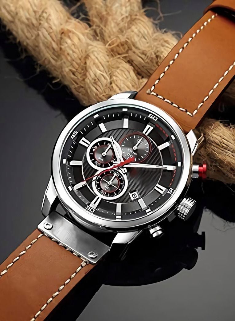 Men's Leather Strap Watch Classic Casual Stainless Steel Waterproof Chronograph Date Analog Quartz Watch