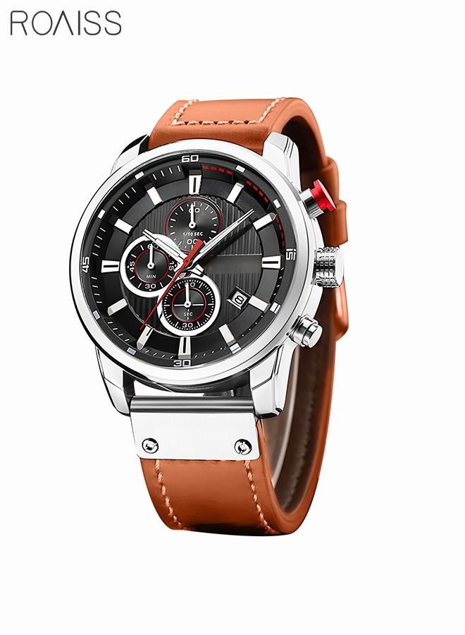 Men's Leather Strap Watch Classic Casual Stainless Steel Waterproof Chronograph Date Analog Quartz Watch