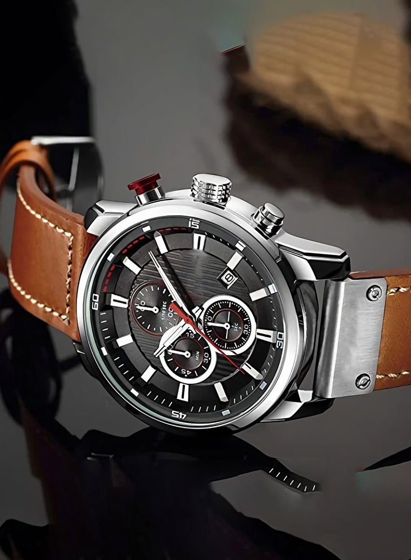 Men's Leather Strap Watch Classic Casual Stainless Steel Waterproof Chronograph Date Analog Quartz Watch