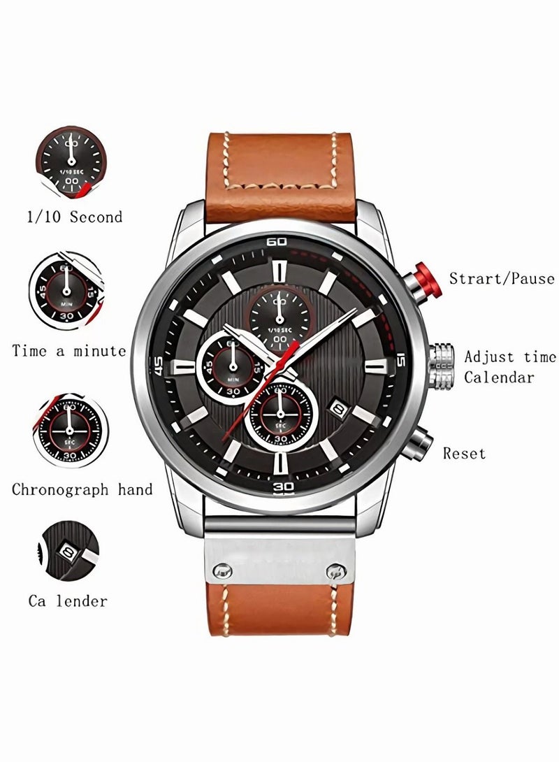 Men's Leather Strap Watch Classic Casual Stainless Steel Waterproof Chronograph Date Analog Quartz Watch