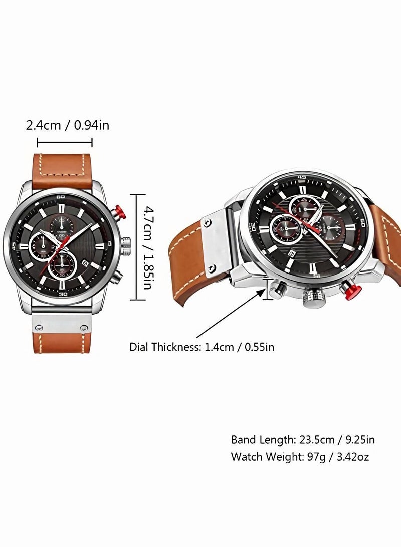 Men's Leather Strap Watch Classic Casual Stainless Steel Waterproof Chronograph Date Analog Quartz Watch