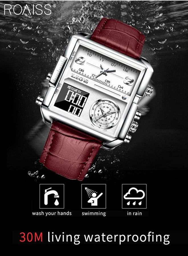 Mens Leather Strap Digital Quartz Watch Analog Digital Display Square Silver Dial Waterproof Luminous Watches