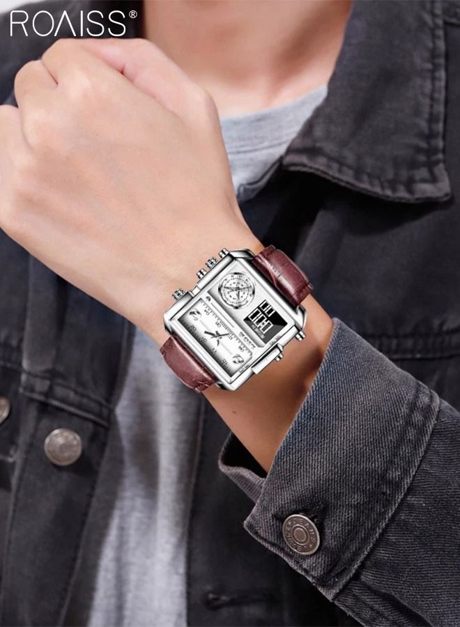 Mens Leather Strap Digital Quartz Watch Analog Digital Display Square Silver Dial Waterproof Luminous Watches