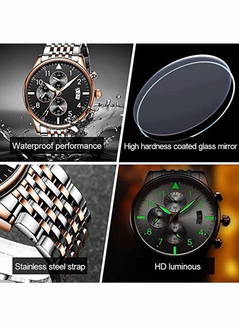 Men's 24h Calendar Timer Waterproof Quartz Watch with Luminous Analog Display Wristwatch with Classic Mesh Strap