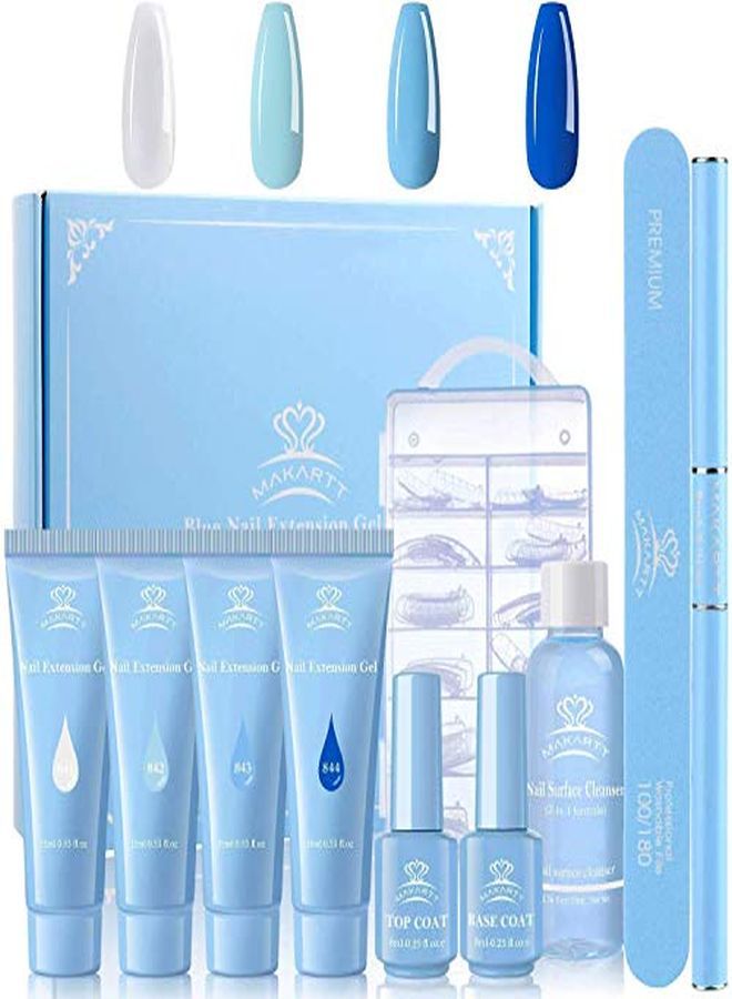 Blue Poly Nail Gel Kit Gel Nail Builder Kit With Slip Solution Clear Nails Acrylic Gel Nail Kit For Nail Building Nail Extension Kit Dual Forms Base Top Coat All-In-One Gel Nail Starter Kit