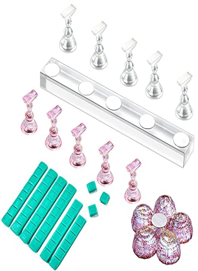 Acrylic Nail Stand Nail Practice Stand Magnetic Nail Tips Practice Holders Nail Painting Stand Clear And Pink Nail Display Stand With 48 Pieces Blue Reusable Adhesive Putty For Home Salon