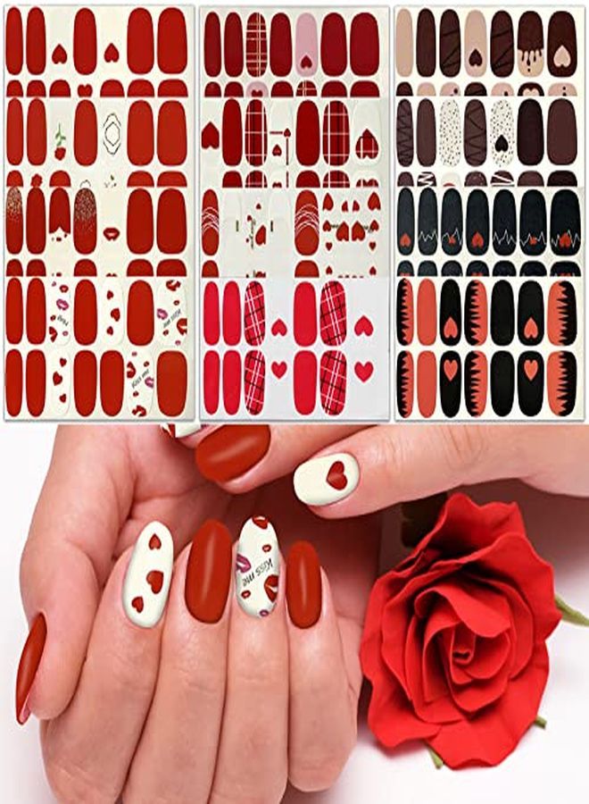 12 Sheets Valentine'S Day Nail Wraps Adhesive Nail Art Stickers Full Wraps Strips With 2 Pcs Nail Files For  Nail Decals (Heart Style)