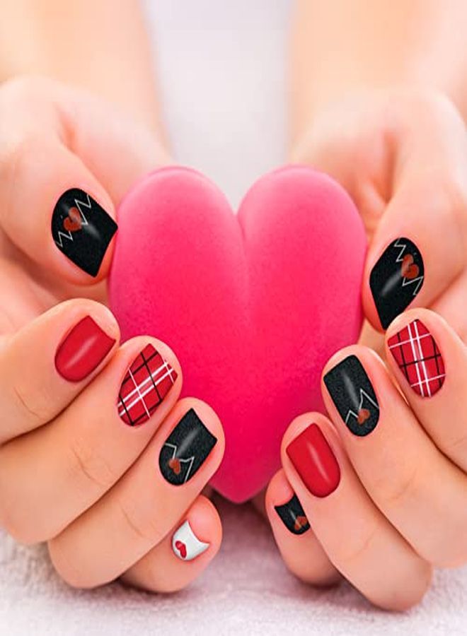 12 Sheets Valentine'S Day Nail Wraps Adhesive Nail Art Stickers Full Wraps Strips With 2 Pcs Nail Files For  Nail Decals (Heart Style)