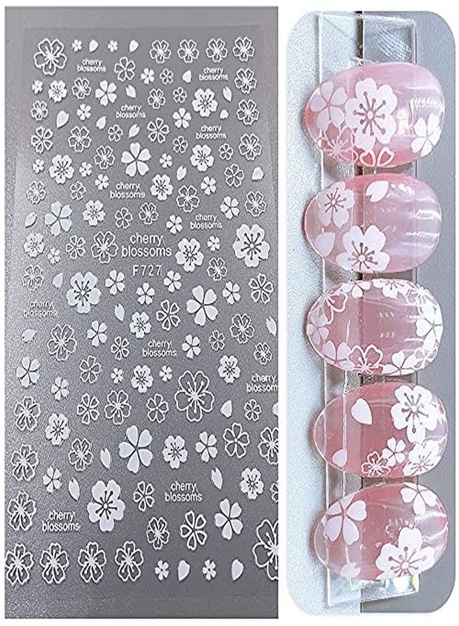 Flower Nail Art Stickers Decals 4 Sheets White Cherry Blossoms Nail Art Supplies 3D SelfAdhesive Nail Decorations Accessories Diy Acrylic Nail Art Applique (White)