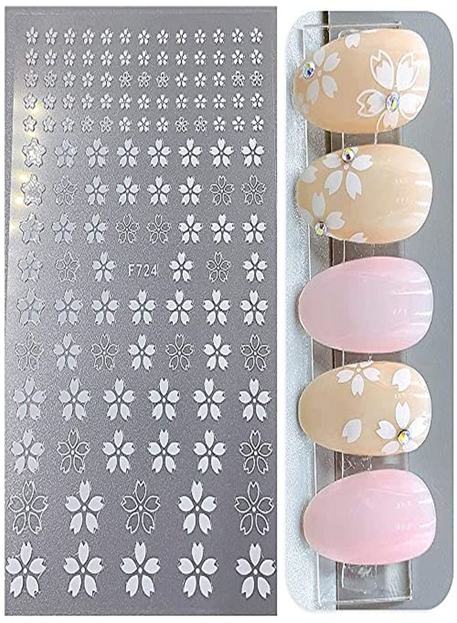 Flower Nail Art Stickers Decals 4 Sheets White Cherry Blossoms Nail Art Supplies 3D SelfAdhesive Nail Decorations Accessories Diy Acrylic Nail Art Applique (White)