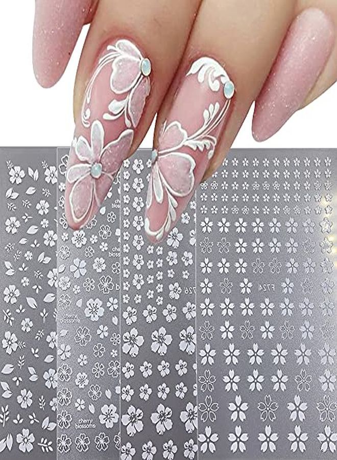 Flower Nail Art Stickers Decals 4 Sheets White Cherry Blossoms Nail Art Supplies 3D SelfAdhesive Nail Decorations Accessories Diy Acrylic Nail Art Applique (White)