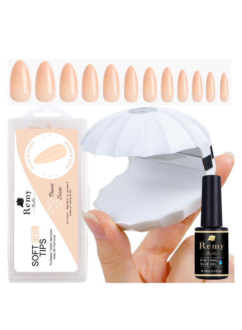 Soft Gel Nail Tip and Glue Gel Kit with Portable UV Light Lamp 240PCS 12 Sizes Short Almond (Set 1)