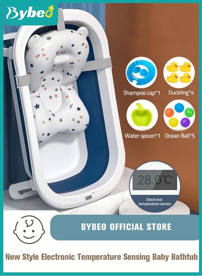 13 PCS Baby Bath Tub Foldable Bathtub With Temperature Sensing + Bathmat Cushion + Shower Cap + Washing Hair Shower Shampoo Cup *1 + Duckling toys *4 + Ocean Balls *5