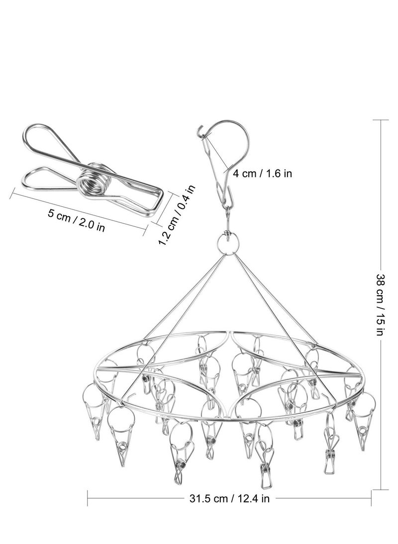 2 Pack Round Sock Dryer for Underwear Lingerie Baby Clothes and Small Laundry Items, Stainless Steel Rotatable Drying Rack with 20 Peg