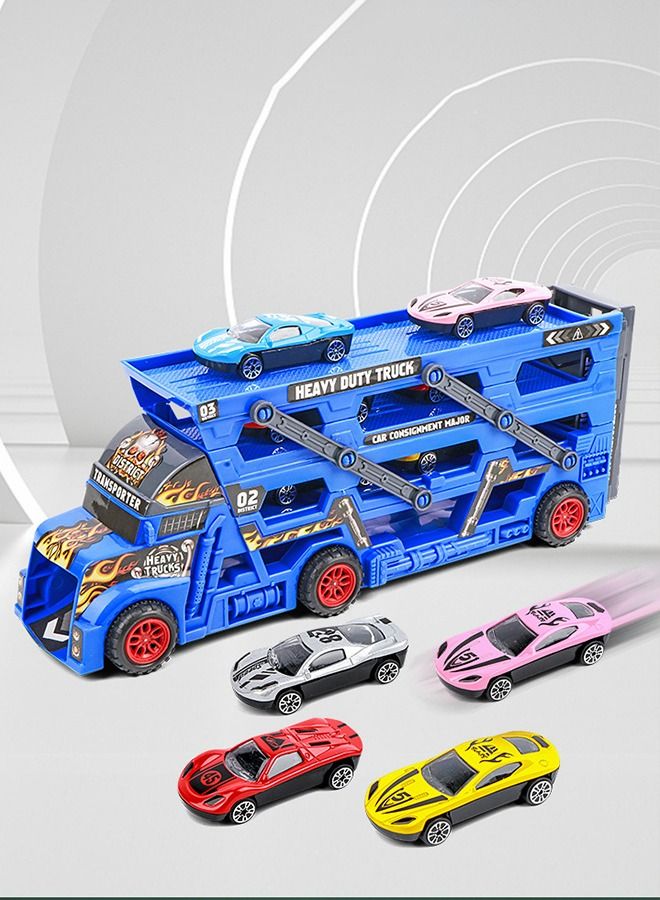 Vehicle Playset Hauler Carrier Truck with Track, Launcher, 6 Metal Die-Cast Vehicles, Construction and Race Cars Toys Launch and Haul Push Pull Around Gift for Boys Kids Eye-Hand Coordination