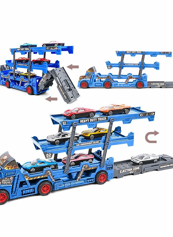 Vehicle Playset Hauler Carrier Truck with Track, Launcher, 6 Metal Die-Cast Vehicles, Construction and Race Cars Toys Launch and Haul Push Pull Around Gift for Boys Kids Eye-Hand Coordination