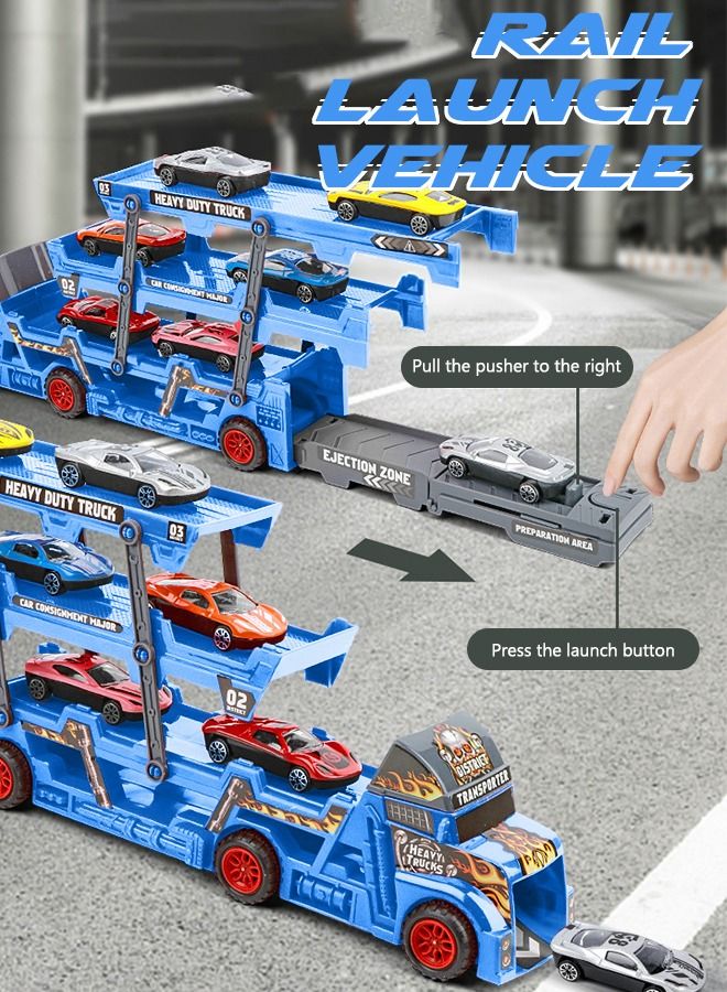 Vehicle Playset Hauler Carrier Truck with Track, Launcher, 6 Metal Die-Cast Vehicles, Construction and Race Cars Toys Launch and Haul Push Pull Around Gift for Boys Kids Eye-Hand Coordination