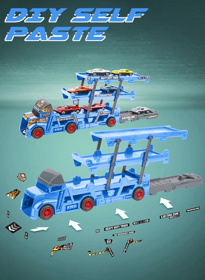 Vehicle Playset Hauler Carrier Truck with Track, Launcher, 6 Metal Die-Cast Vehicles, Construction and Race Cars Toys Launch and Haul Push Pull Around Gift for Boys Kids Eye-Hand Coordination