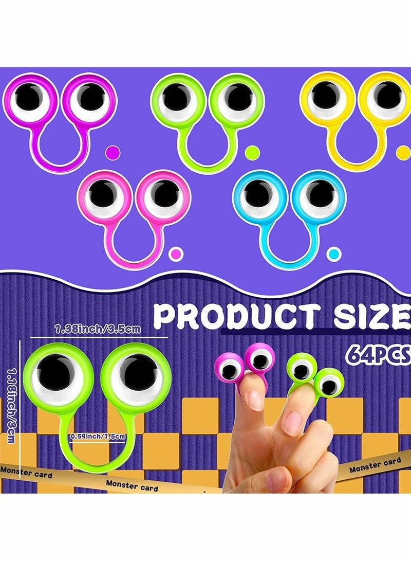 64 Pieces Eye Finger Puppets, Googly Eye on Ring Wiggly Eyeball Finger Puppet Rings, Classroom Exchange and Prize Supplies Party Favor Toys for Kids, Funny Novelty Eyeball Ring (6 Colors)