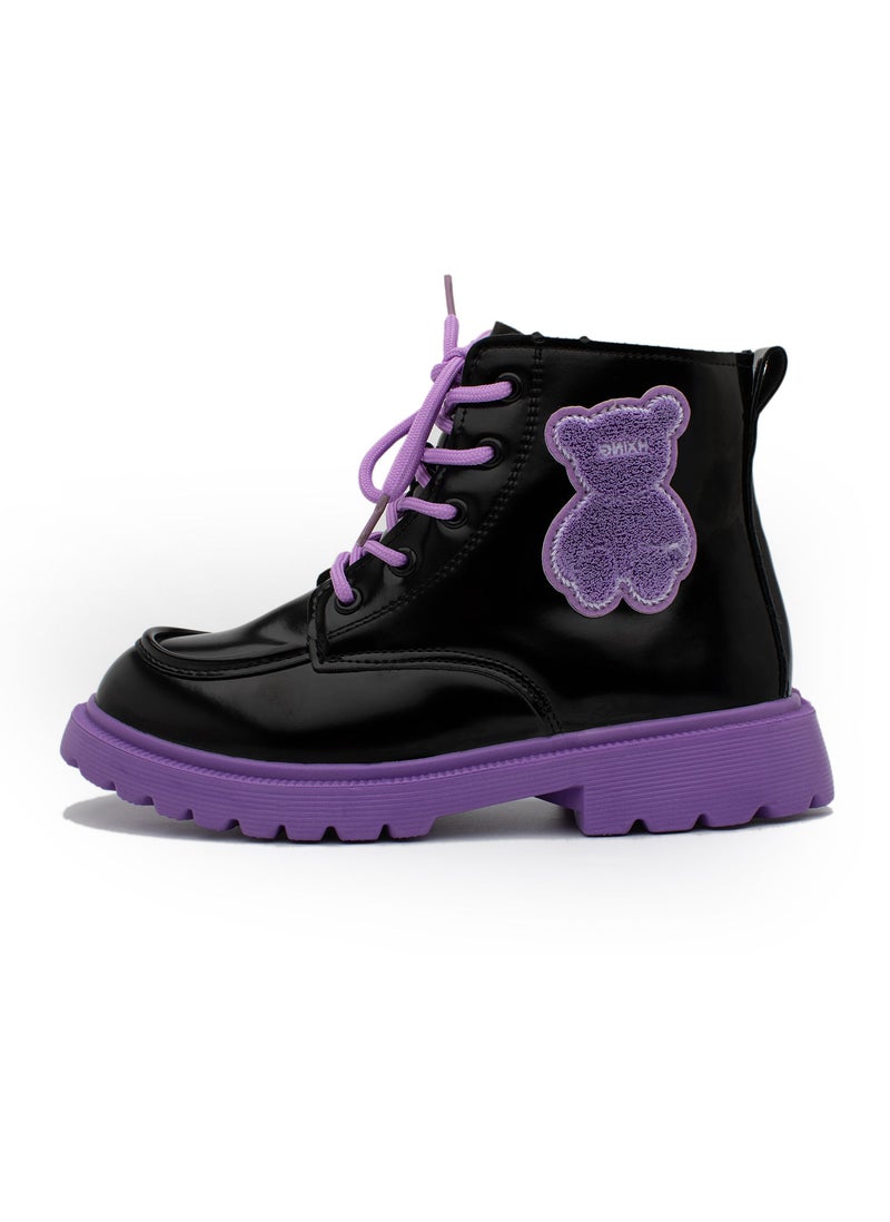 Lucky Kids Girls Synthetic Leather Winter Ankle Boots With Classic Lace Up & Side Zipper And Teddy Bear Design For Kids/Adults