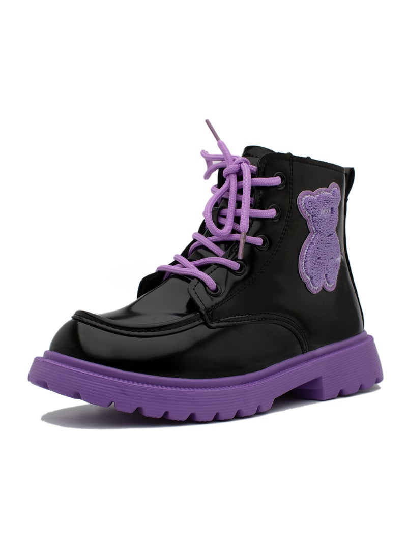 Lucky Kids Girls Synthetic Leather Winter Ankle Boots With Classic Lace Up & Side Zipper And Teddy Bear Design For Kids/Adults