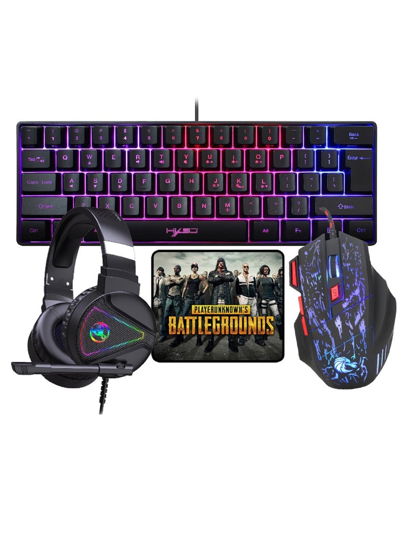 4-in-1 Gaming Keyboard Mouse Combo 61 Keys Rainbow Backlit Mechanical Keyboard RGB Backlit 5500 DPI Lightweight Gaming Mouse 3.5mm Gaming Stereo Headset For Pc Laptop Computer Black