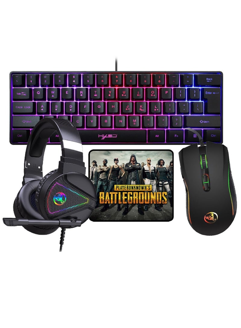 4-in-1 Gaming Keyboard Mouse Combo 61 Keys Rainbow Backlit Mechanical Keyboard RGB Backlit 7200 DPI Lightweight Gaming Mouse 3.5mm Gaming Stereo Headset For Pc Laptop Computer
