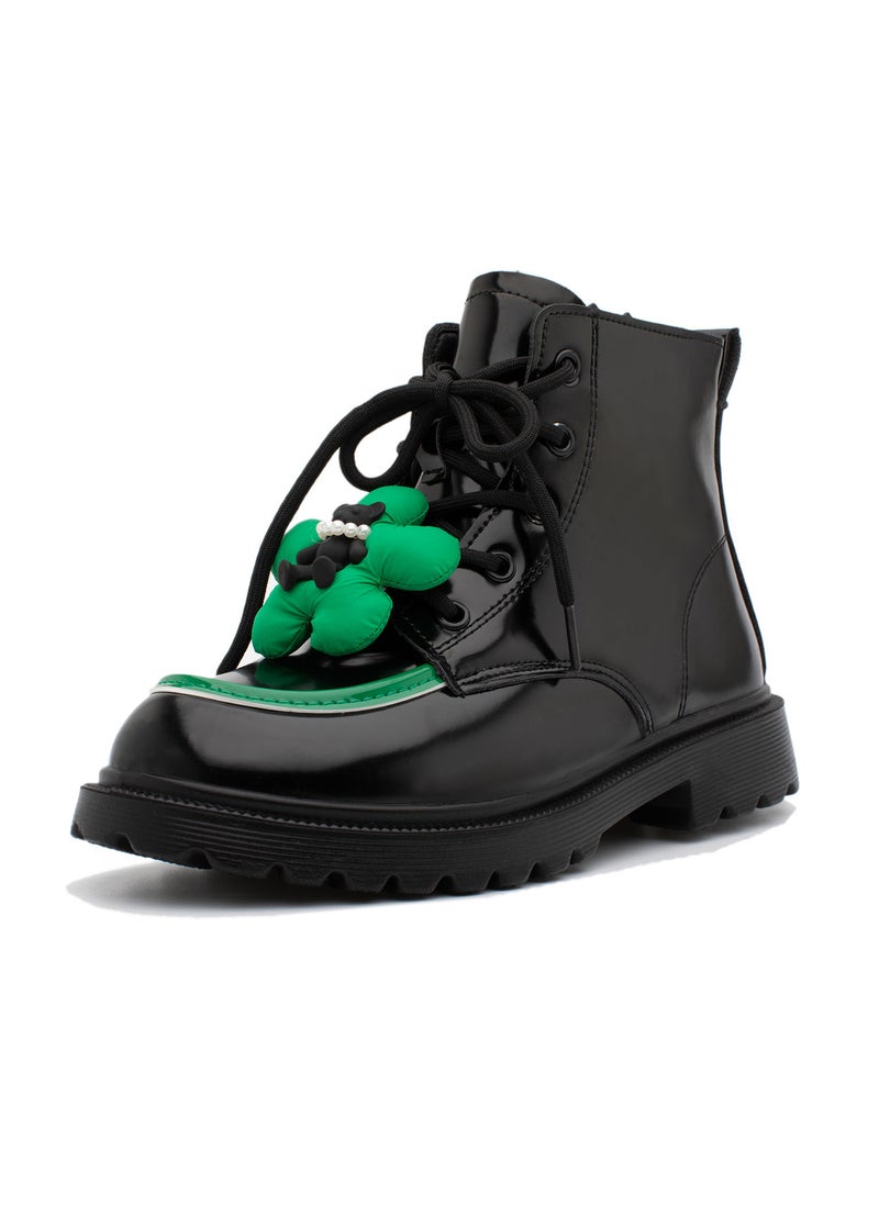 Lucky Kids Girls Synthetic Leather Winter Ankle Boots With Classic Lace Up & Side Zipper And Teddy Bear Design For Kids/Adults