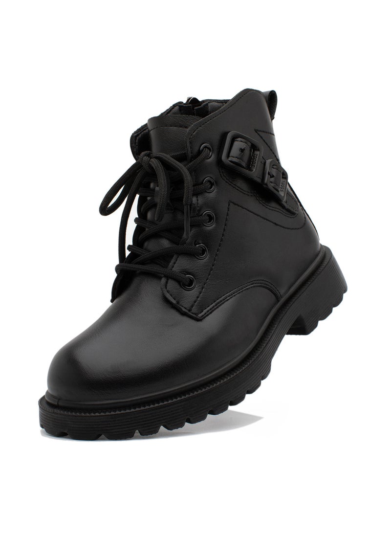 Lucky Kids Unisex Patent Leather Winter Ankle Boots With Classic Lace Up Side Zipper And A Side Buckle For Kids/Adults