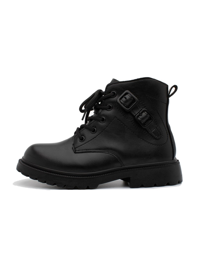 Lucky Kids Unisex Patent Leather Winter Ankle Boots With Classic Lace Up Side Zipper And A Side Buckle For Kids/Adults