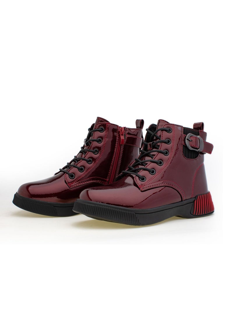 Lucky Kids Boys Waterproof Patent Leather With Classic Lace Up Side Zipper And A Side Buckle For Kids/Adults